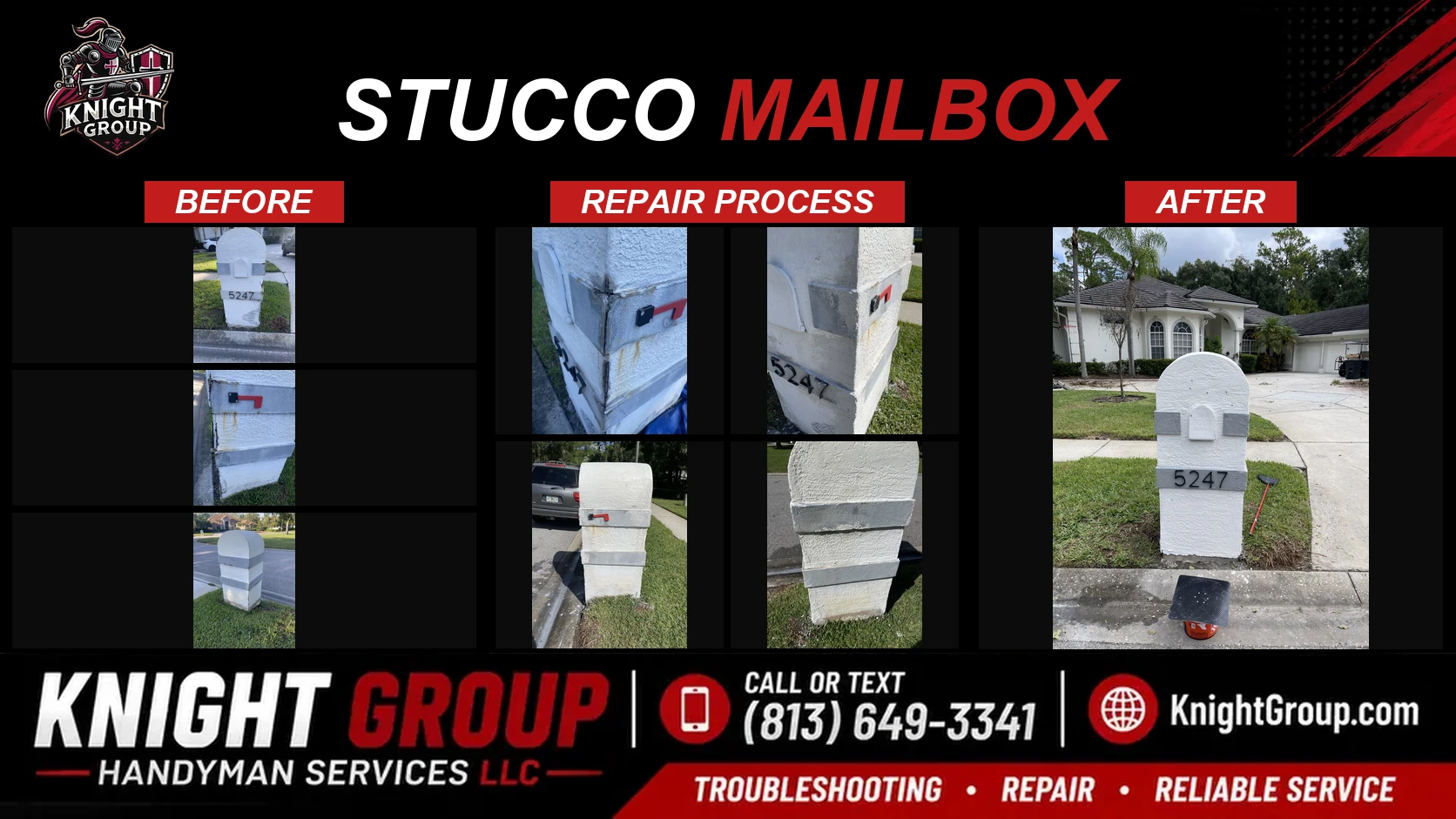Stucco Mailbox before and after — handyman project photo in Pinellas County FL by Knight Group