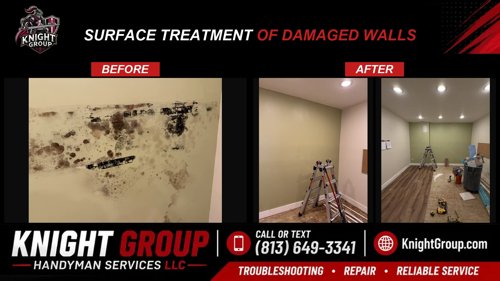 Surface treatment of damaged walls before and after — handyman project photo in Pinellas County FL by Knight Group