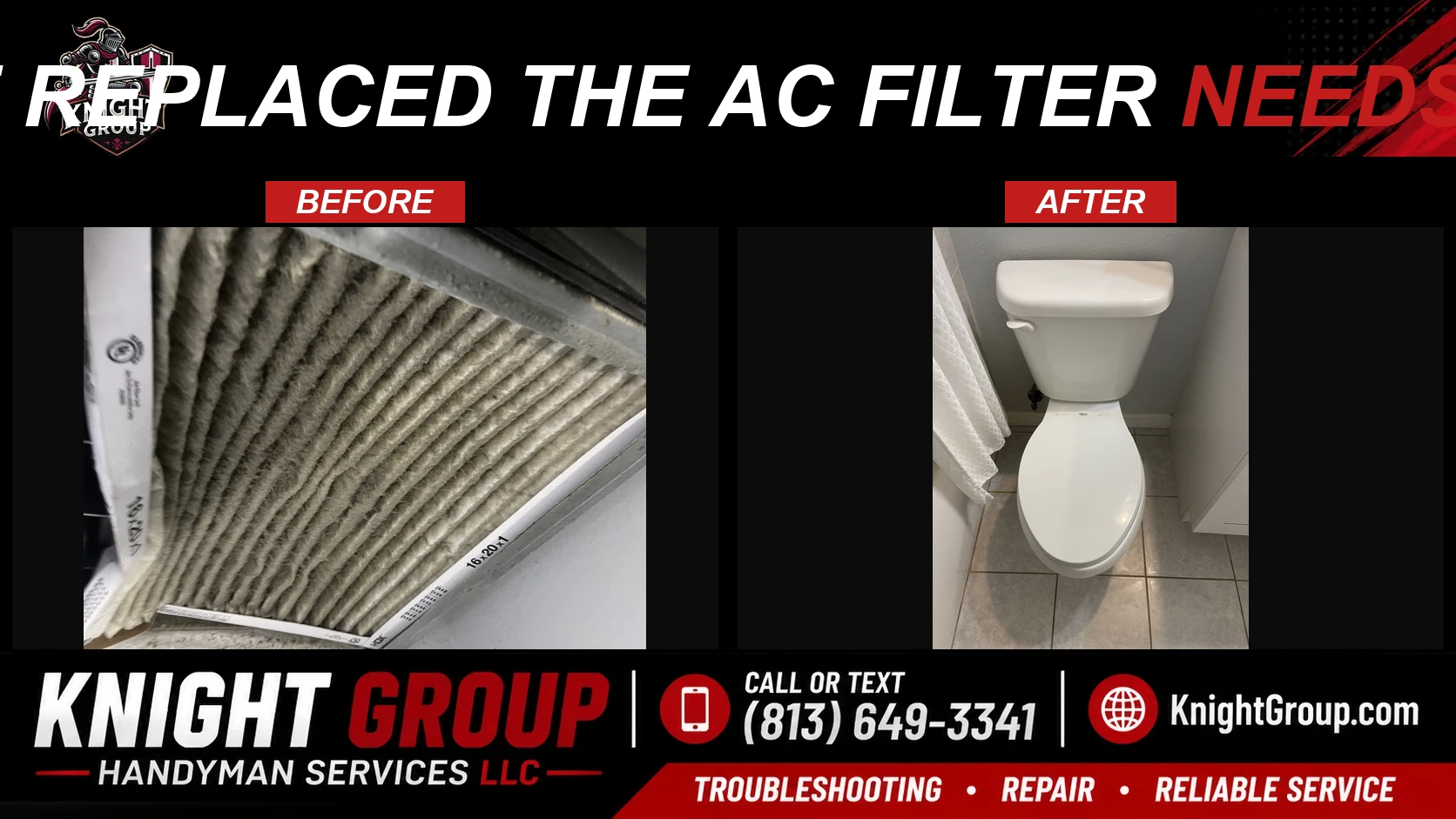 The caulking around the toilet needs to be replaced The AC filter needs to be changed. Filter size is 16 x 20. This is a before and after — handyman project photo in Pinellas County FL by Knight Group