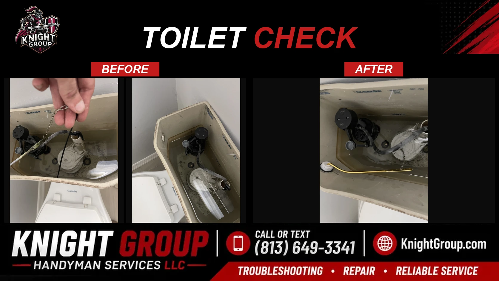 Toilet Check before and after — handyman project photo in Pinellas County FL by Knight Group