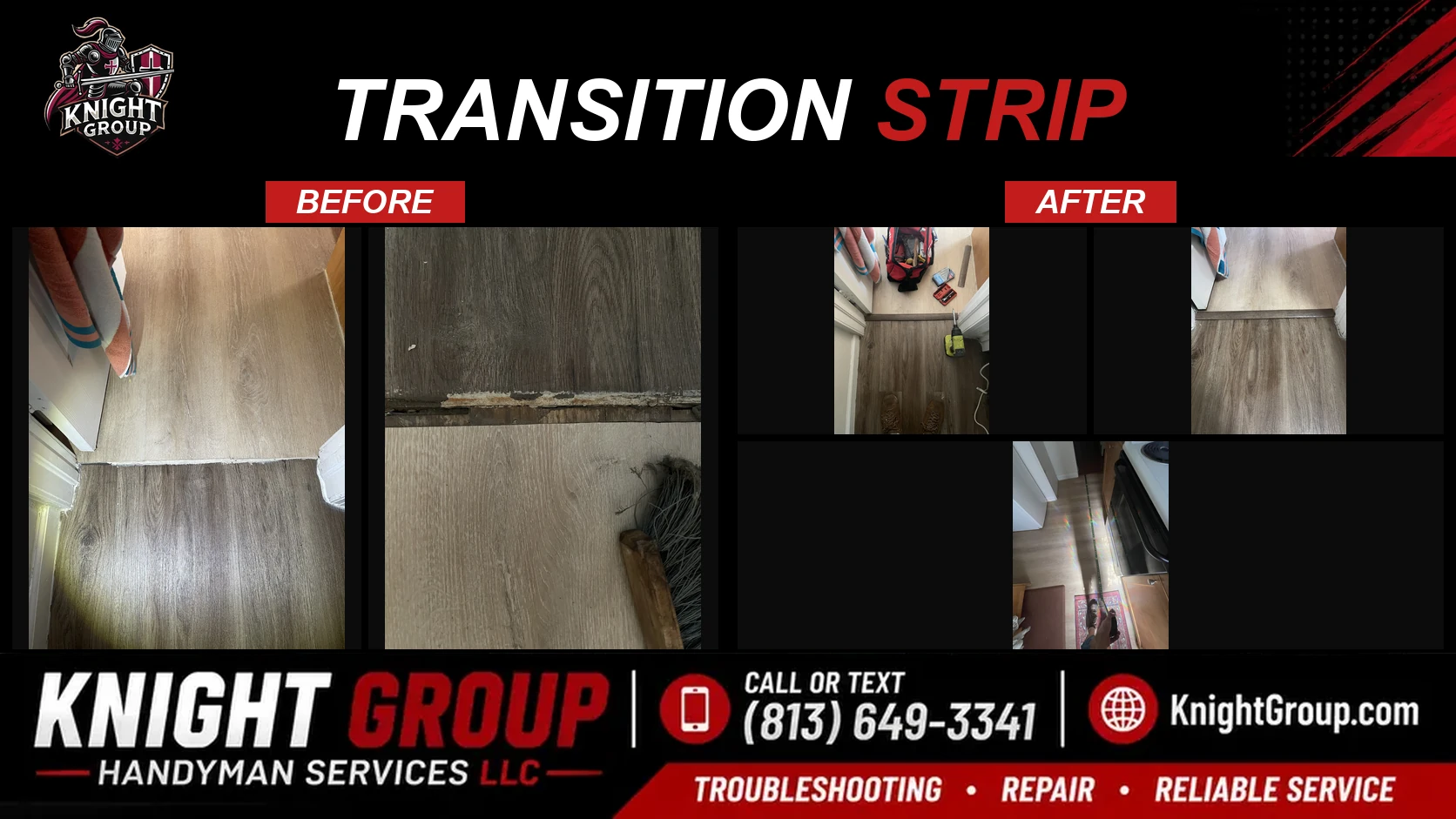 Transition strip before and after — handyman project photo in Pinellas County FL by Knight Group