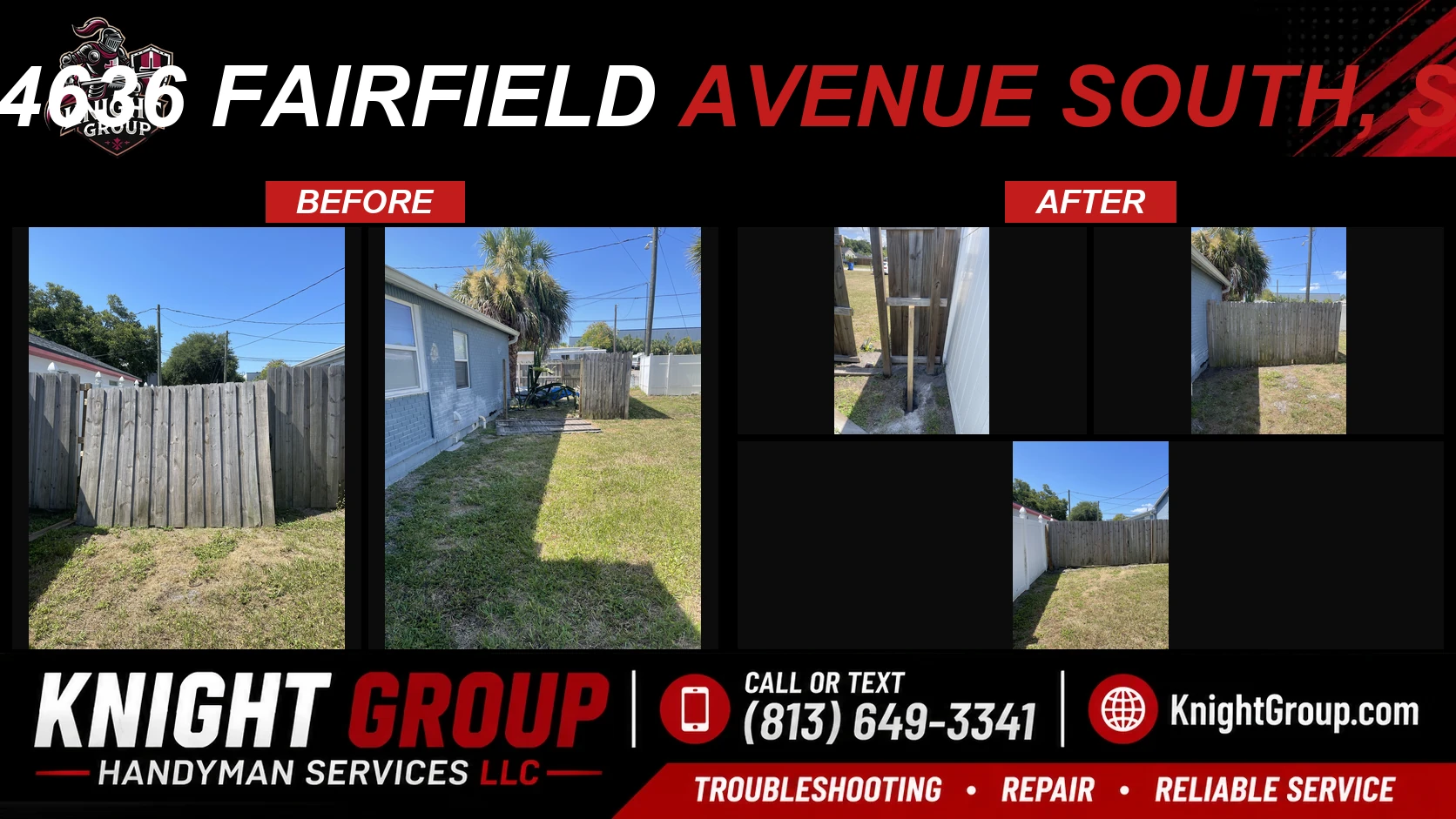 Two broken fences (side and backyard) at 1, 4636 Fairfield Avenue South, Saint Petersburg, FL, 33711 caused by a storm. before and after — handyman project photo in Pinellas County FL by Knight Group