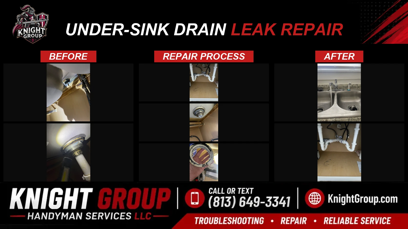 Historical project photo: Under-sink drain leak repair — before & after