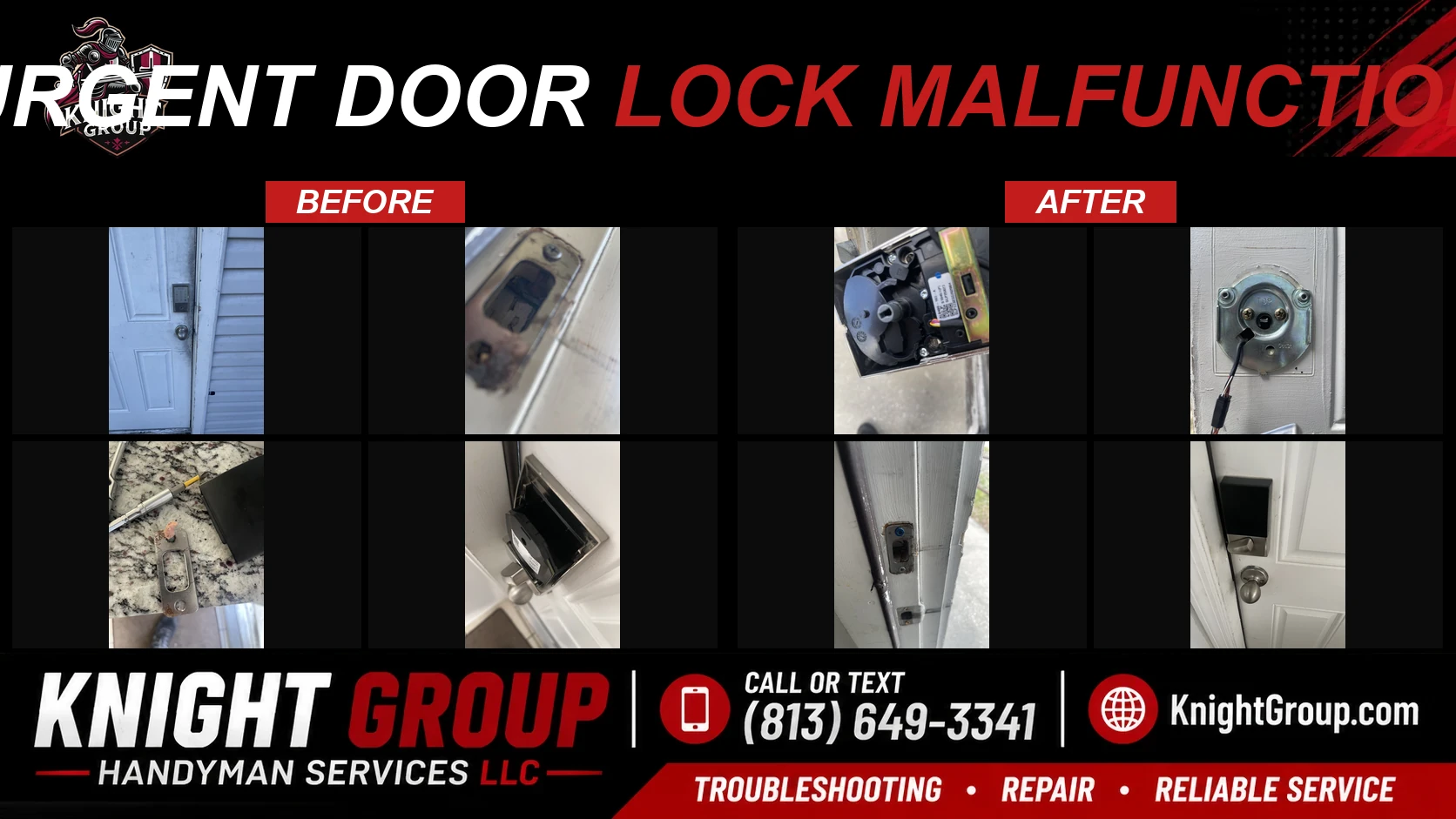 Urgent door lock malfunction before and after — handyman project photo in Pinellas County FL by Knight Group