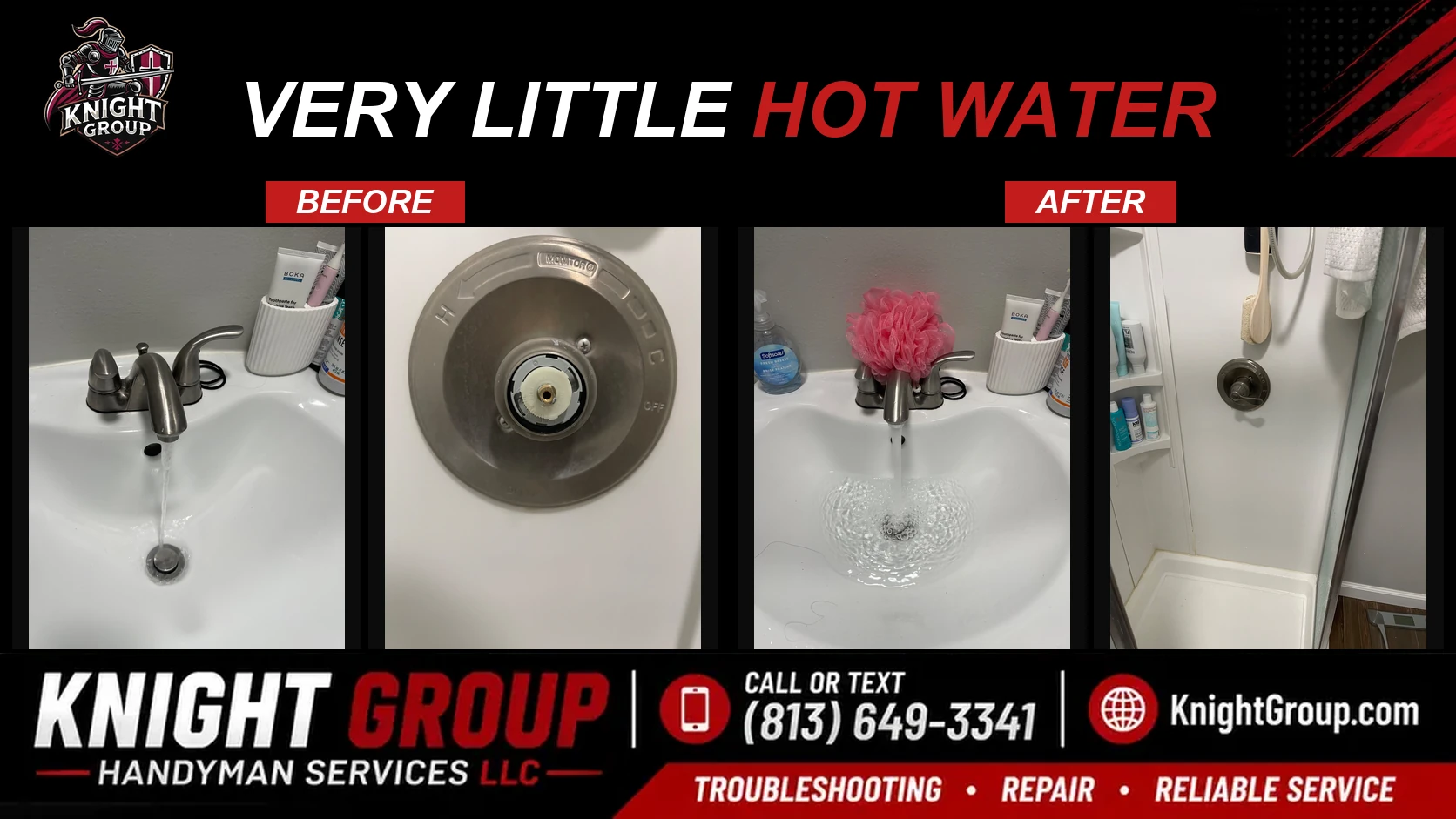 Historical project photo: very little hot water — before & after
