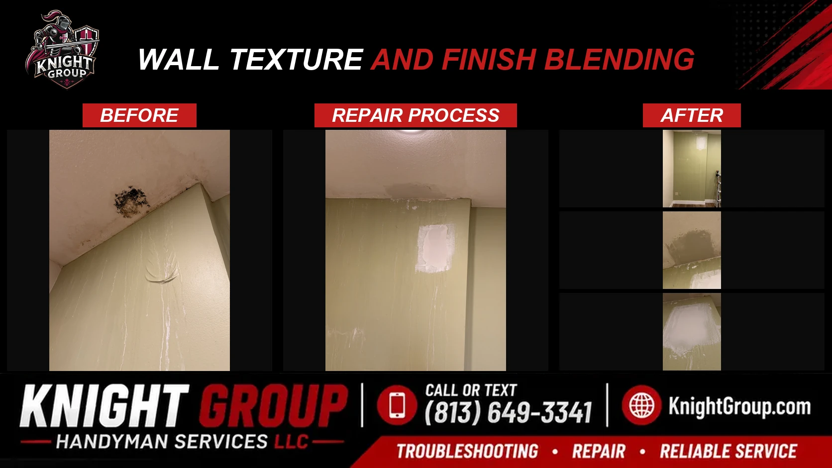Wall texture and finish blending before and after — handyman project photo in Pinellas County FL by Knight Group