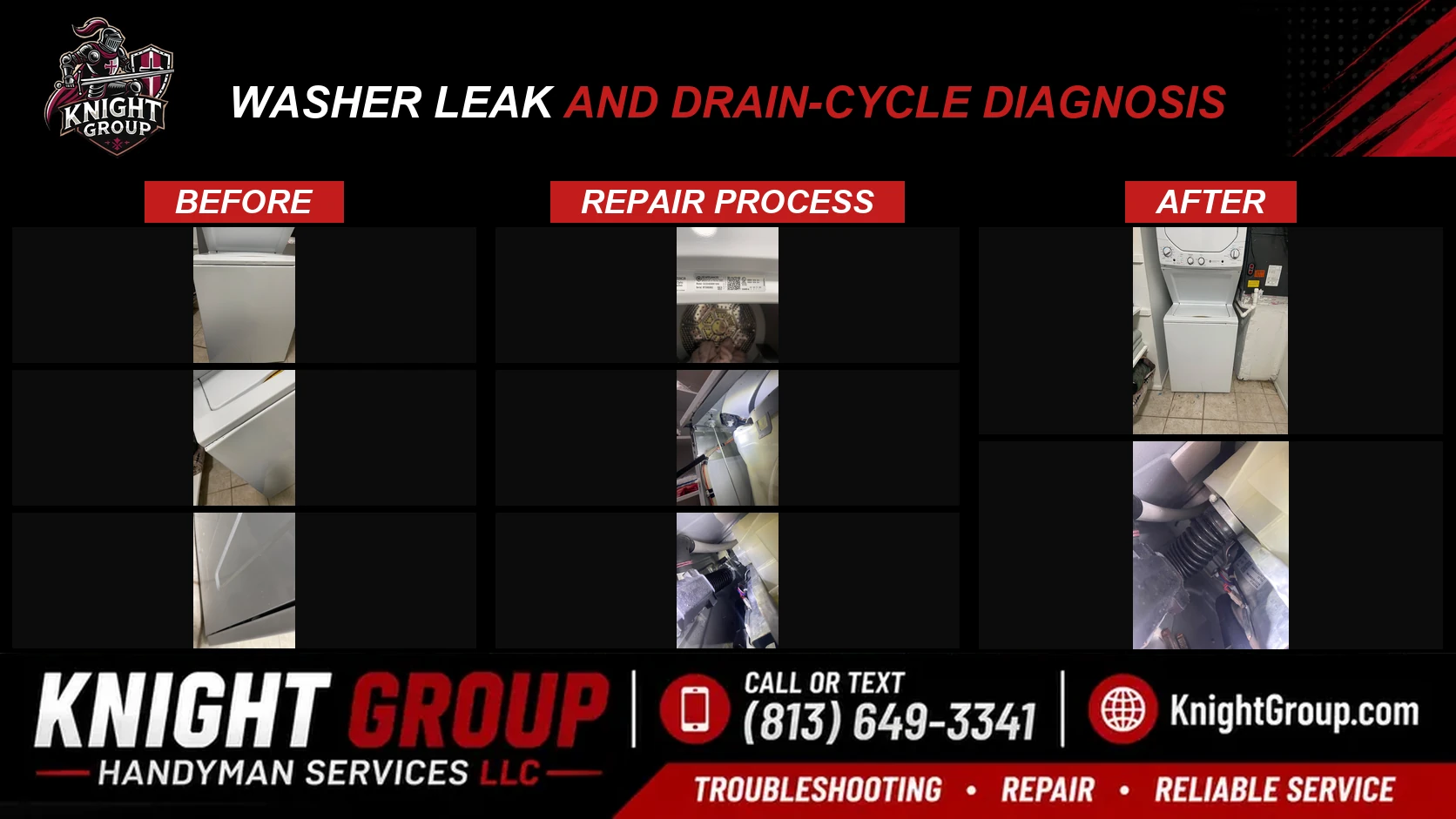 Historical project photo: Washer leak and drain-cycle diagnosis — before & after