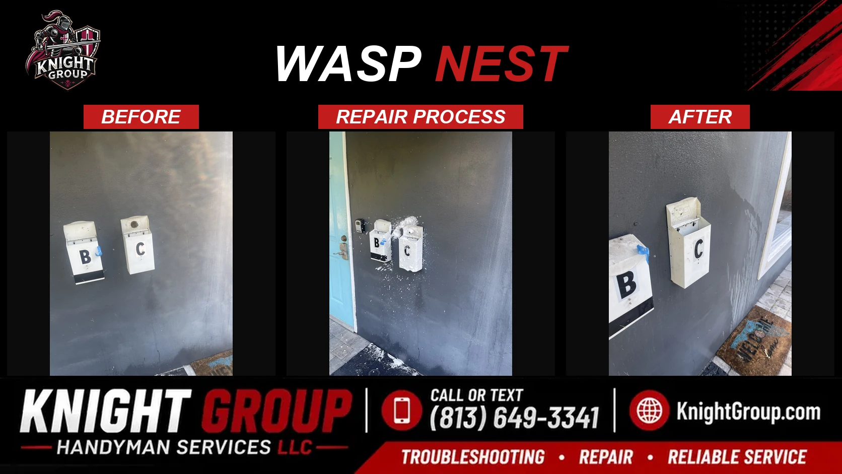 Wasp nest before and after — handyman project photo in Pinellas County FL by Knight Group