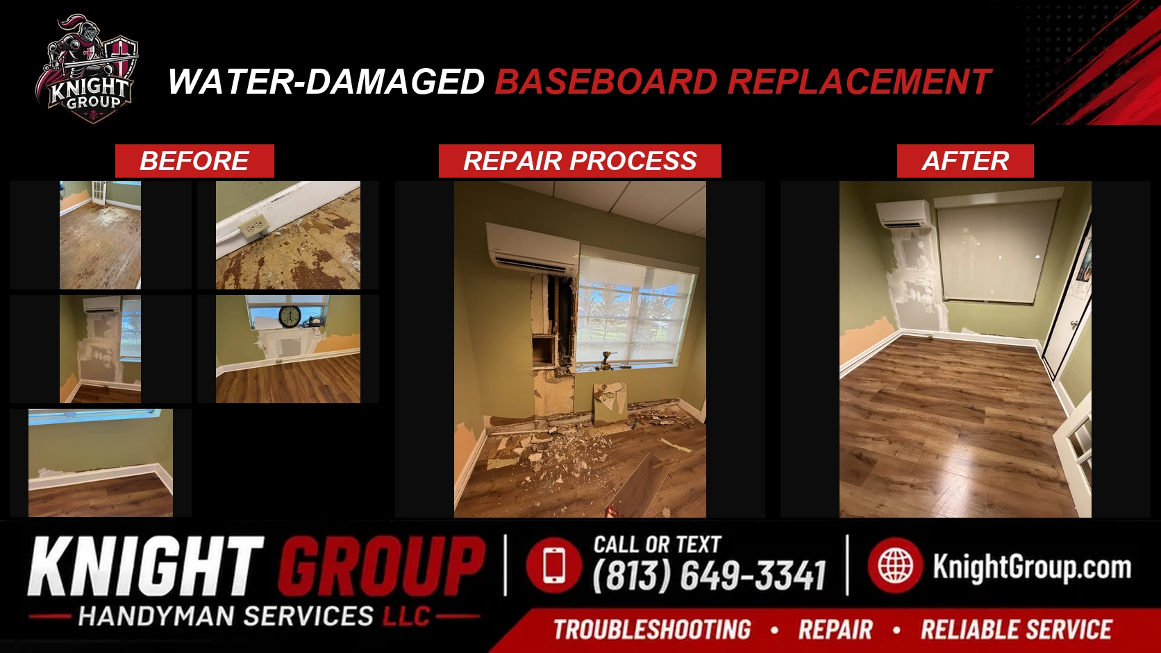 Water-damaged baseboard replacement before and after — handyman project photo in Pinellas County FL by Knight Group