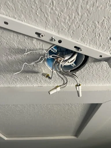 Ceiling junction prepped for fixture or fan install — electrical work in Pinellas County FL by Knight Group